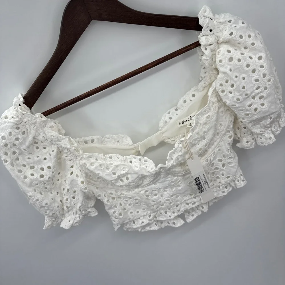 For Love‎ & Lemons Becca Eyelet Crop Top Womens Small White Bustier Puff Sleeve